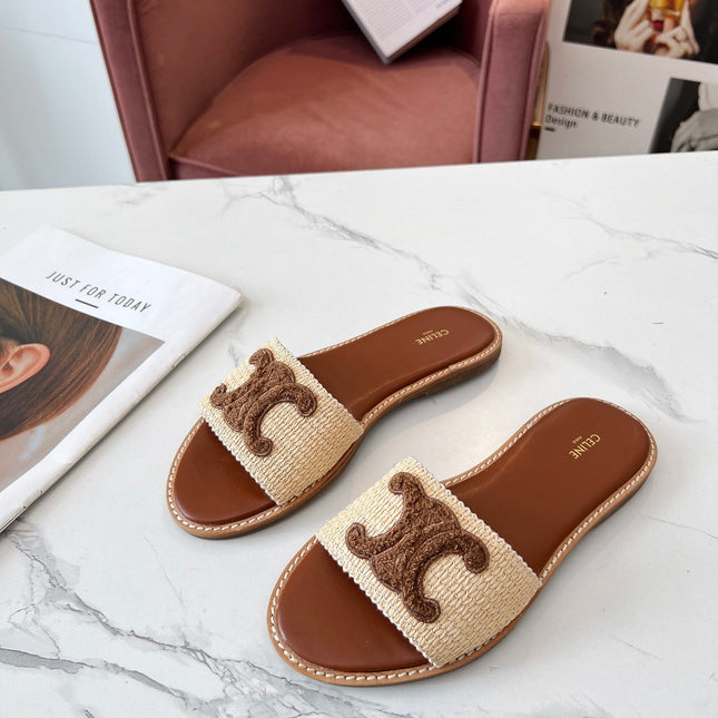 LYMPIA MULE BEIGE RAFFIA AND BROWN WOOL LOGO