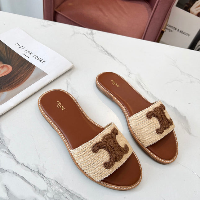 LYMPIA MULE BEIGE RAFFIA AND BROWN WOOL LOGO