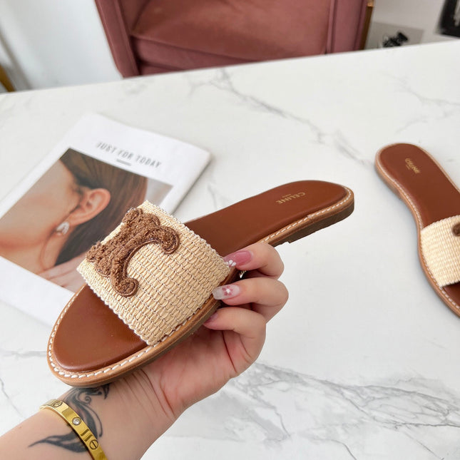 LYMPIA MULE BEIGE RAFFIA AND BROWN WOOL LOGO