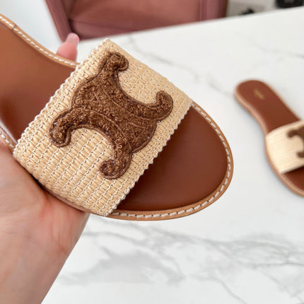 LYMPIA MULE BEIGE RAFFIA AND BROWN WOOL LOGO