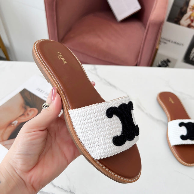 LYMPIA MULE WHITE RAFFIA AND BLACK WOOL LOGO