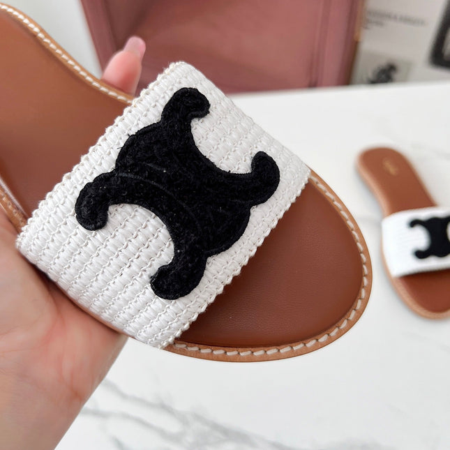 LYMPIA MULE WHITE RAFFIA AND BLACK WOOL LOGO