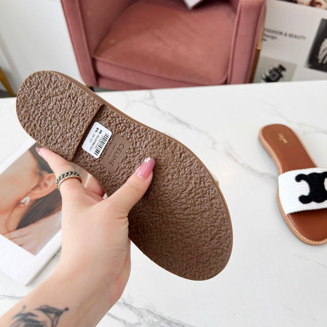 LYMPIA MULE WHITE RAFFIA AND BLACK WOOL LOGO