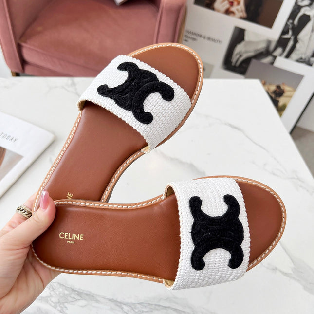 LYMPIA MULE WHITE RAFFIA AND BLACK WOOL LOGO