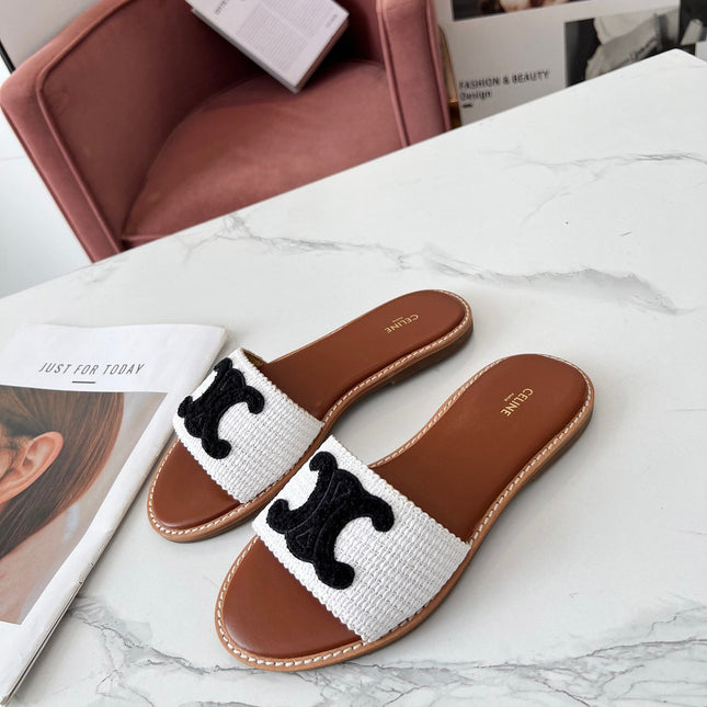 LYMPIA MULE WHITE RAFFIA AND BLACK WOOL LOGO