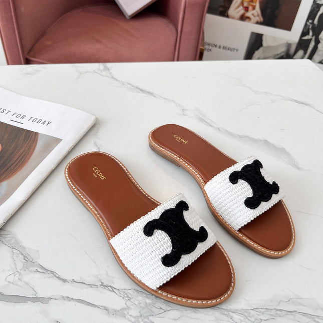 LYMPIA MULE WHITE RAFFIA AND BLACK WOOL LOGO