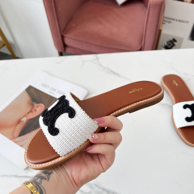LYMPIA MULE WHITE RAFFIA AND BLACK WOOL LOGO