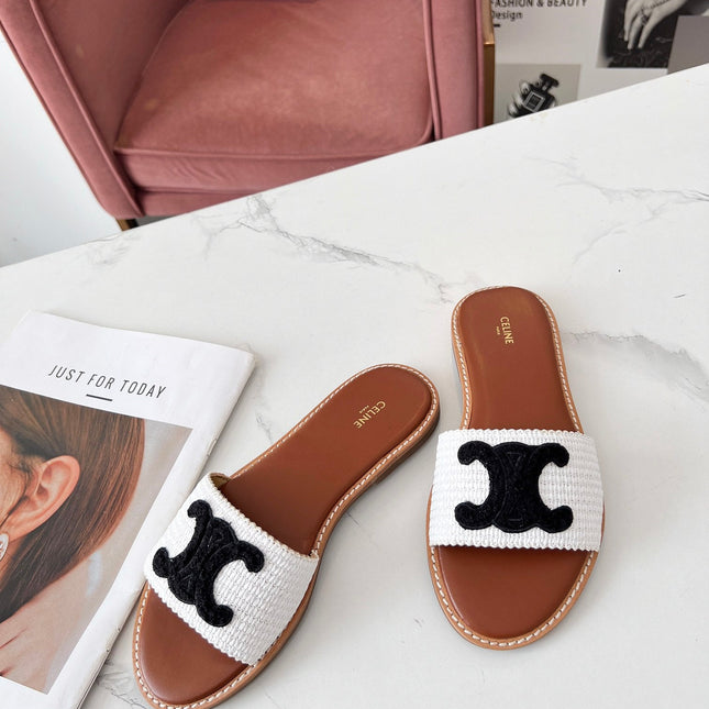 LYMPIA MULE WHITE RAFFIA AND BLACK WOOL LOGO