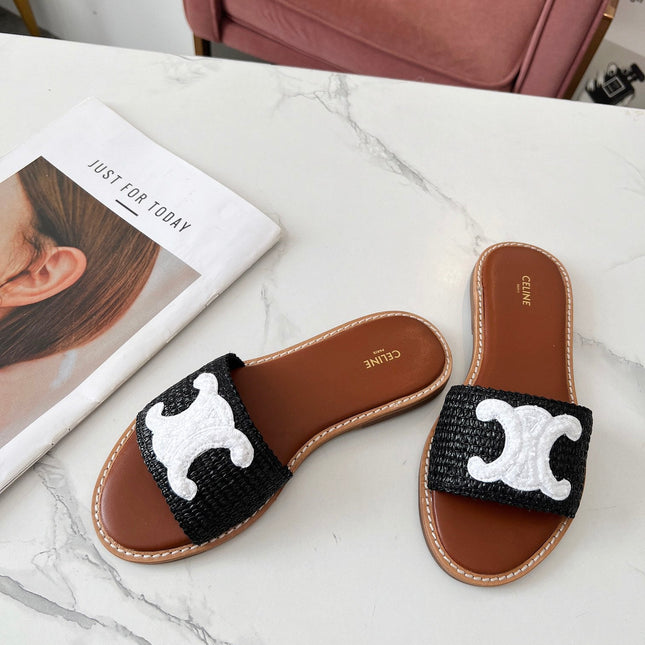LYMPIA MULE BLACK RAFFIA AND WHITE WOOL LOGO