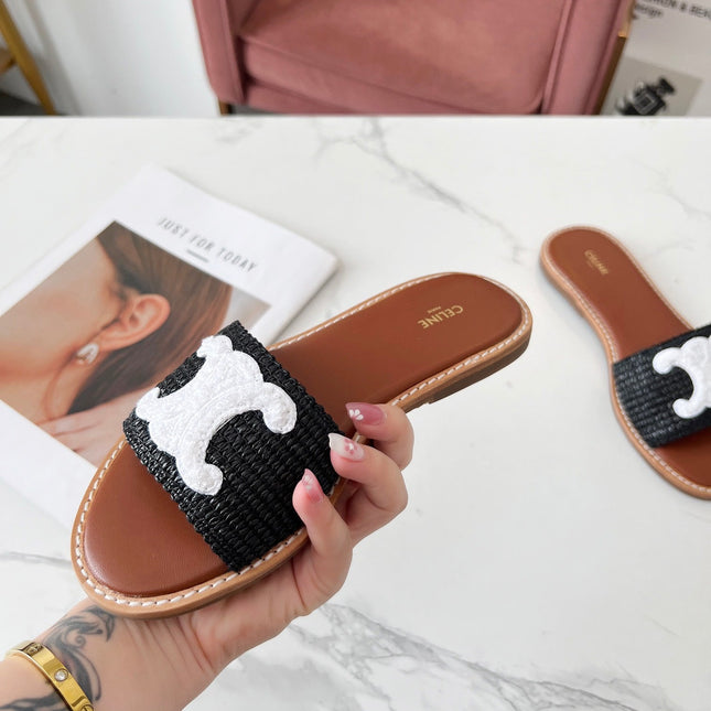 LYMPIA MULE BLACK RAFFIA AND WHITE WOOL LOGO