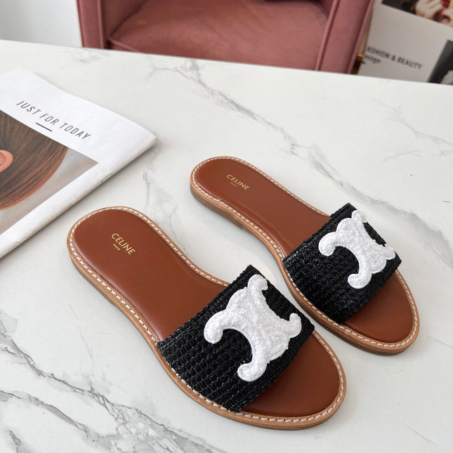 LYMPIA MULE BLACK RAFFIA AND WHITE WOOL LOGO