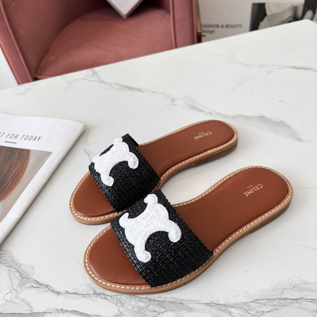 LYMPIA MULE BLACK RAFFIA AND WHITE WOOL LOGO