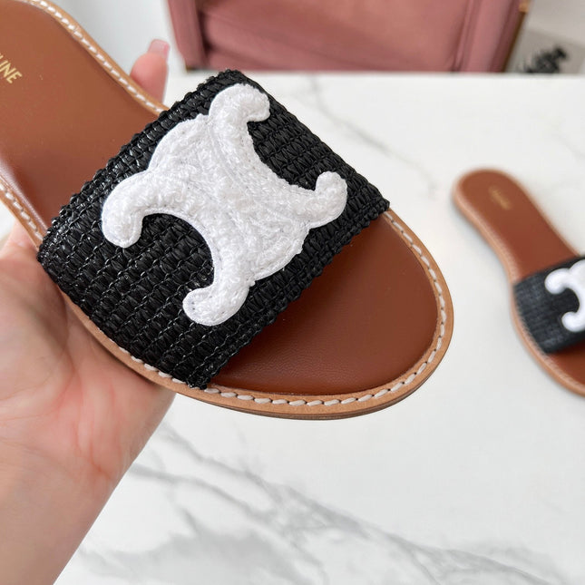 LYMPIA MULE BLACK RAFFIA AND WHITE WOOL LOGO