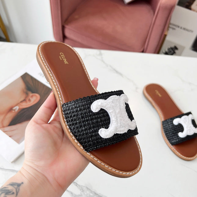 LYMPIA MULE BLACK RAFFIA AND WHITE WOOL LOGO