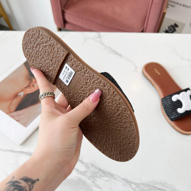 LYMPIA MULE BLACK RAFFIA AND WHITE WOOL LOGO