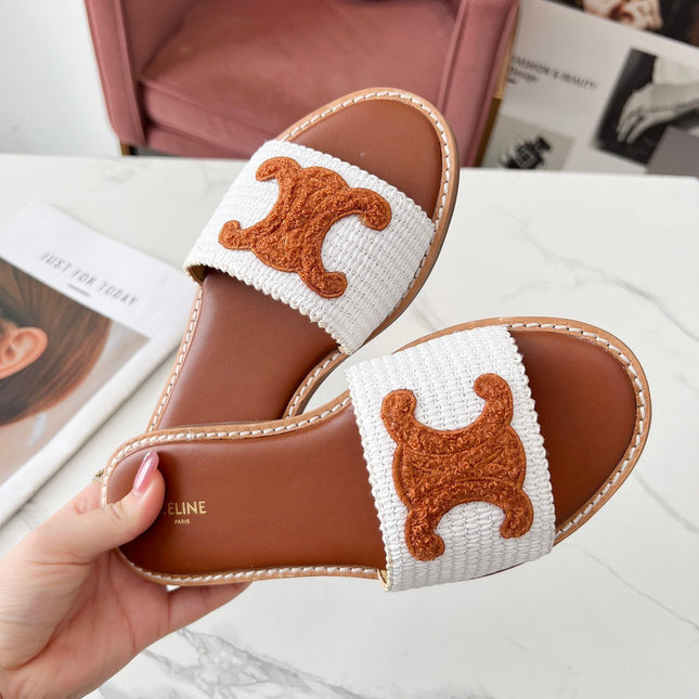 LYMPIA MULE WHITE RAFFIA AND TAN WOOL
