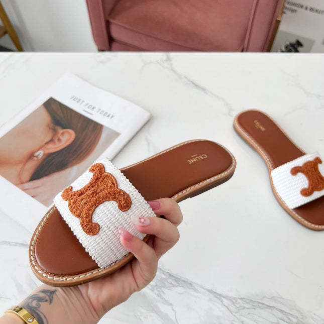 LYMPIA MULE WHITE RAFFIA AND TAN WOOL