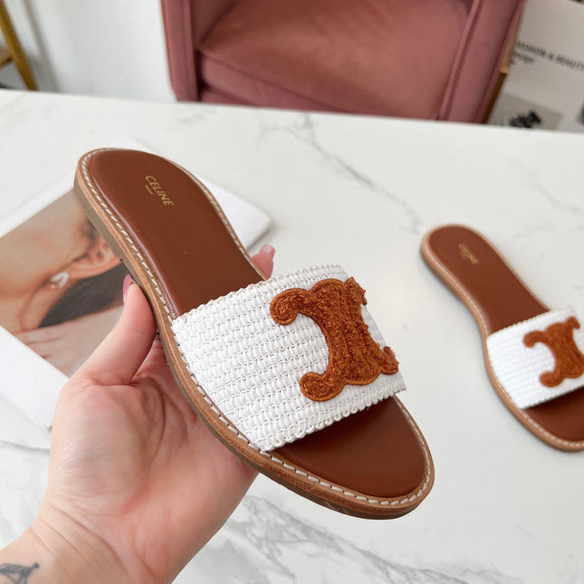 LYMPIA MULE WHITE RAFFIA AND TAN WOOL