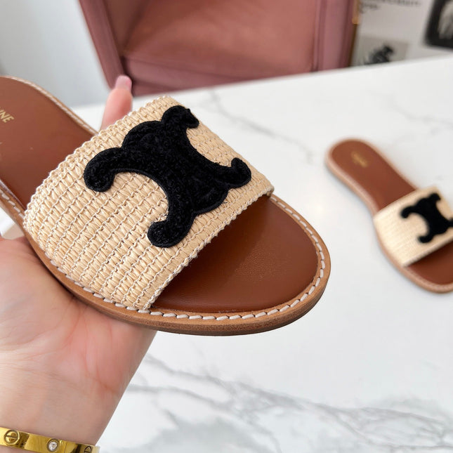 LYMPIA MULE BEIGE RAFFIA BLACK WOOL LOGO