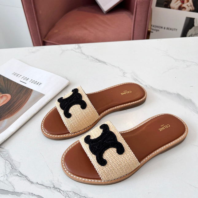 LYMPIA MULE BEIGE RAFFIA BLACK WOOL LOGO