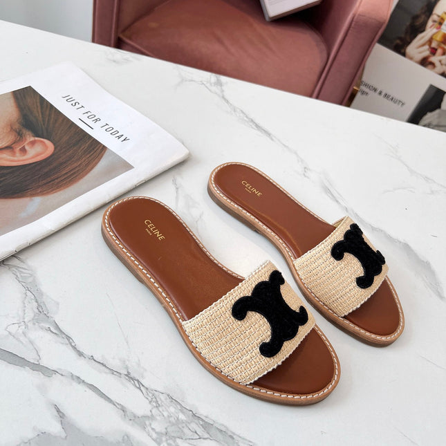 LYMPIA MULE BEIGE RAFFIA BLACK WOOL LOGO