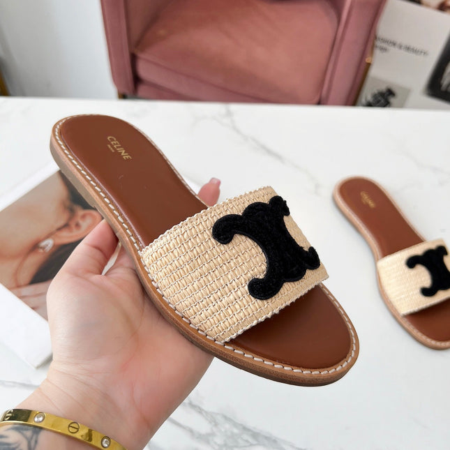LYMPIA MULE BEIGE RAFFIA BLACK WOOL LOGO
