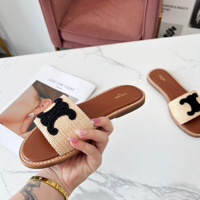 LYMPIA MULE BEIGE RAFFIA BLACK WOOL LOGO
