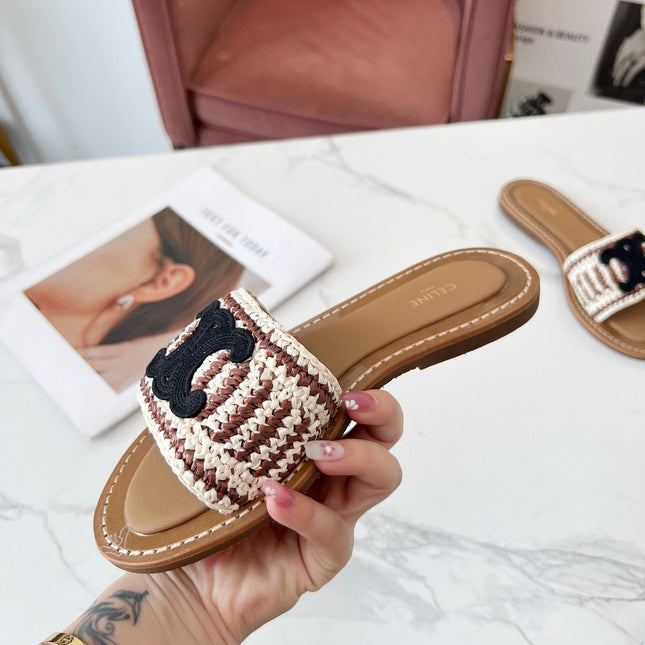 LYMPIA MULE WHITE MIX BROWN RAFFIA BLACK LOGO