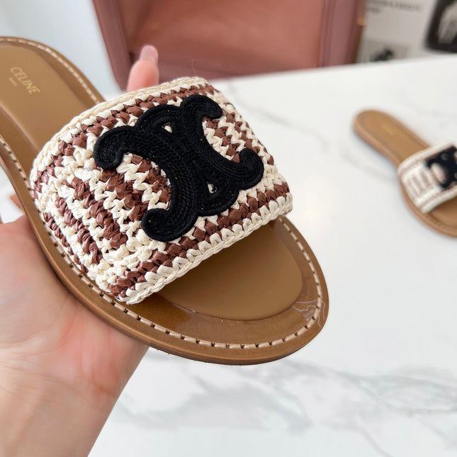 LYMPIA MULE WHITE MIX BROWN RAFFIA BLACK LOGO
