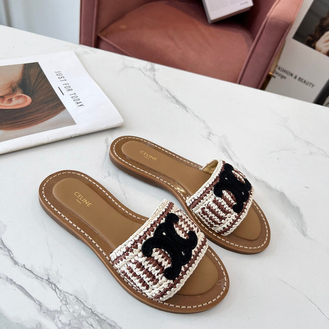 LYMPIA MULE WHITE MIX BROWN RAFFIA BLACK LOGO