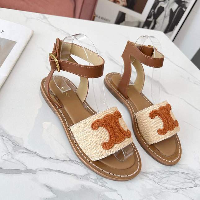 TRIOMPHE SANDALS BEIGE RAFFIA BROWN WOOL
