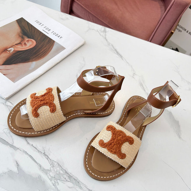 TRIOMPHE SANDALS BEIGE RAFFIA BROWN WOOL