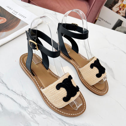 TROMPHE SANDALS BEIGE RAFFIA BLACK WOOL