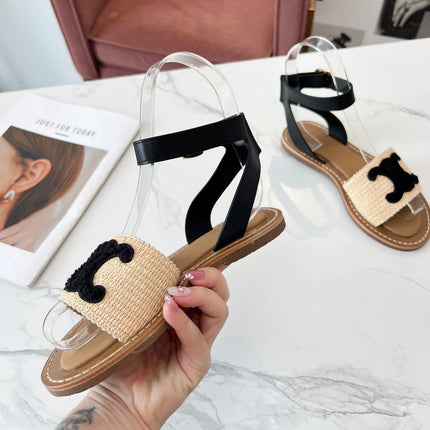 TROMPHE SANDALS BEIGE RAFFIA BLACK WOOL