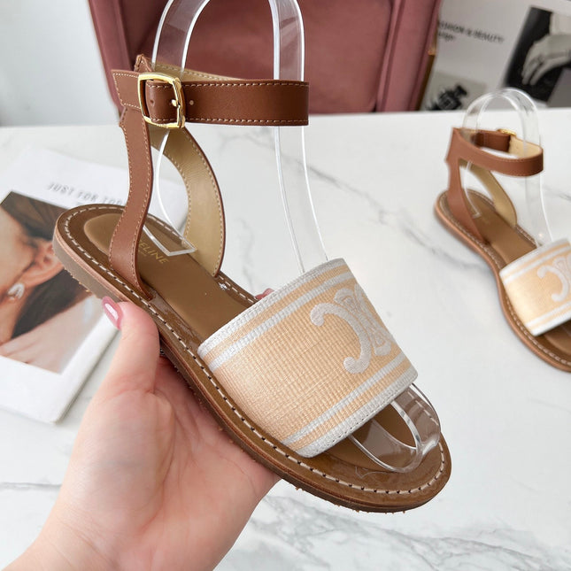 LYMPIA SANDAL IN BISQUE BEIGE MIX WHITE TRIOMPHE JACQUARD CANVAS & CALFSKIN