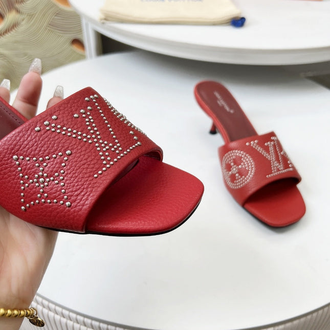 HIGH MULE IN RUBY RED LAMBSKIN WITH RHINSTONES 55 MM