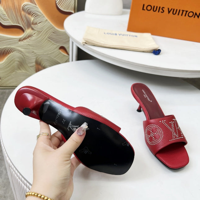 HIGH MULE IN RUBY RED LAMBSKIN WITH RHINSTONES 55 MM