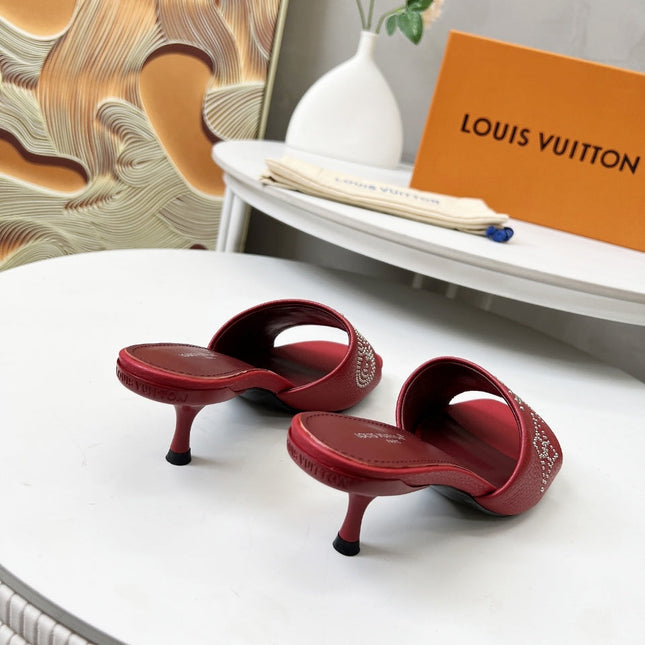 HIGH MULE IN RUBY RED LAMBSKIN WITH RHINSTONES 55 MM