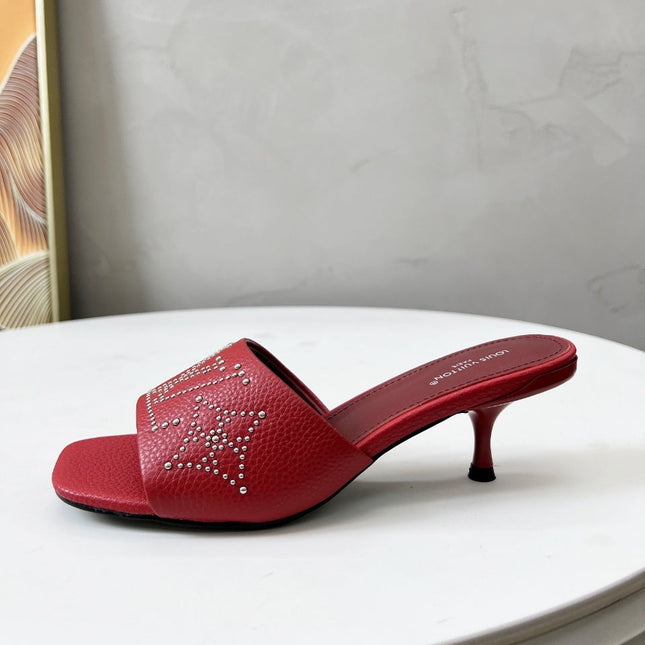 HIGH MULE IN RUBY RED LAMBSKIN WITH RHINSTONES 55 MM