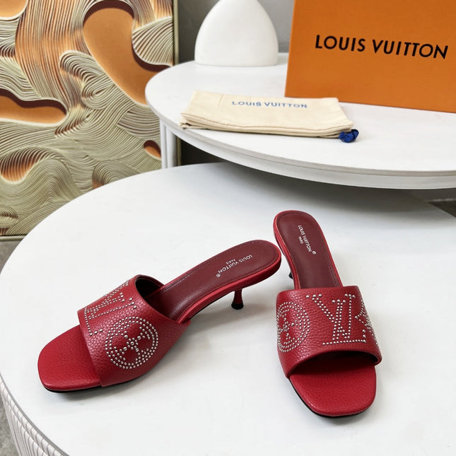 HIGH MULE IN RUBY RED LAMBSKIN WITH RHINSTONES 55 MM