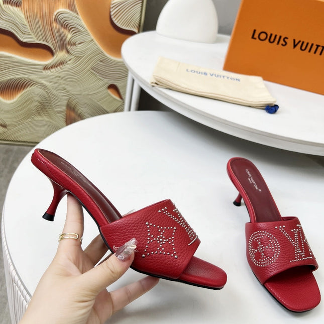 HIGH MULE IN RUBY RED LAMBSKIN WITH RHINSTONES 55 MM