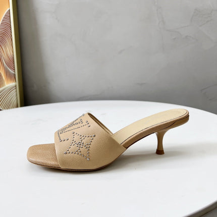 HIGH MULE IN CAMEL BEIGE LAMBSKIN WITH RHINSTONES 55 MM