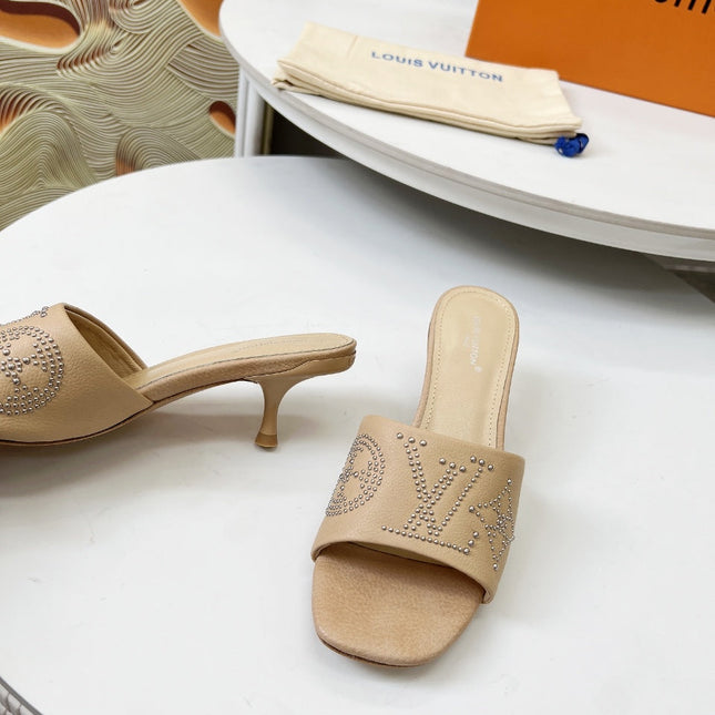 HIGH MULE IN CAMEL BEIGE LAMBSKIN WITH RHINSTONES 55 MM