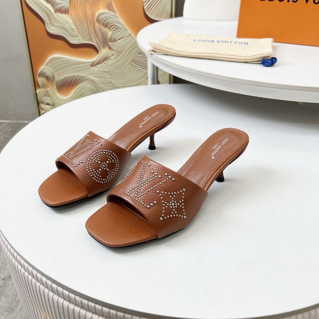 HIGH MULE IN BRONZE BROWN LAMBSKIN WITH RHINSTONES 55 MM