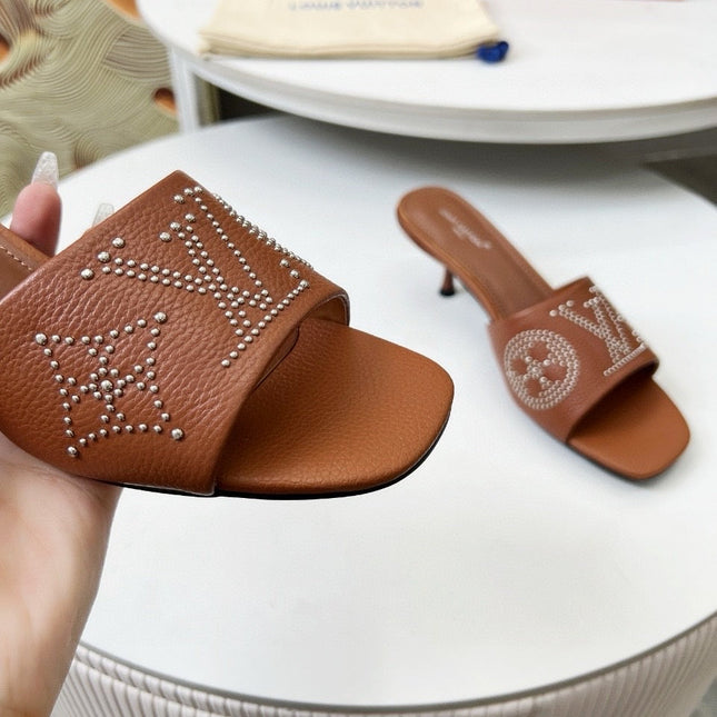 HIGH MULE IN BRONZE BROWN LAMBSKIN WITH RHINSTONES 55 MM