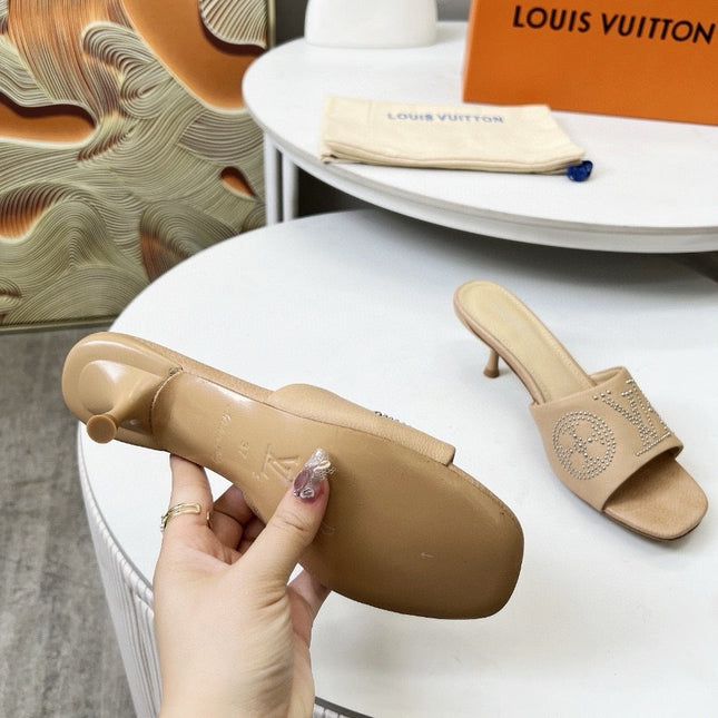 HIGH MULE IN CAMEL BEIGE LAMBSKIN WITH RHINSTONES 55 MM