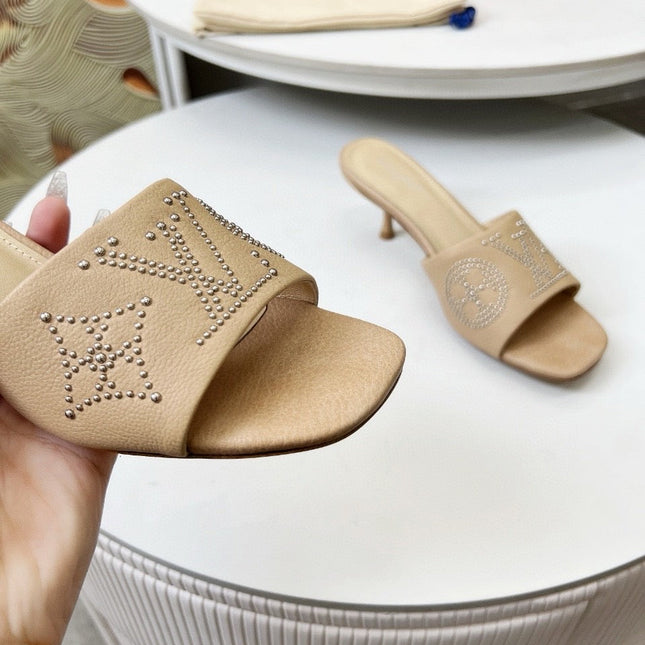HIGH MULE IN CAMEL BEIGE LAMBSKIN WITH RHINSTONES 55 MM