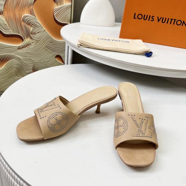 HIGH MULE IN CAMEL BEIGE LAMBSKIN WITH RHINSTONES 55 MM