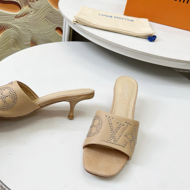HIGH MULE IN CAMEL BEIGE LAMBSKIN WITH RHINSTONES 55 MM
