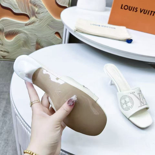 HIGH MULE IN WHITE LAMBSKIN WITH RHINSTONES 55 MM